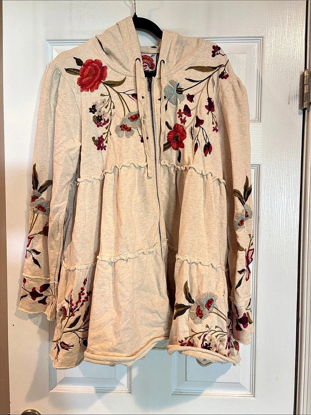 Johnny Was Flore Tiered Hoodie Floral Jacket Cream & Red Large